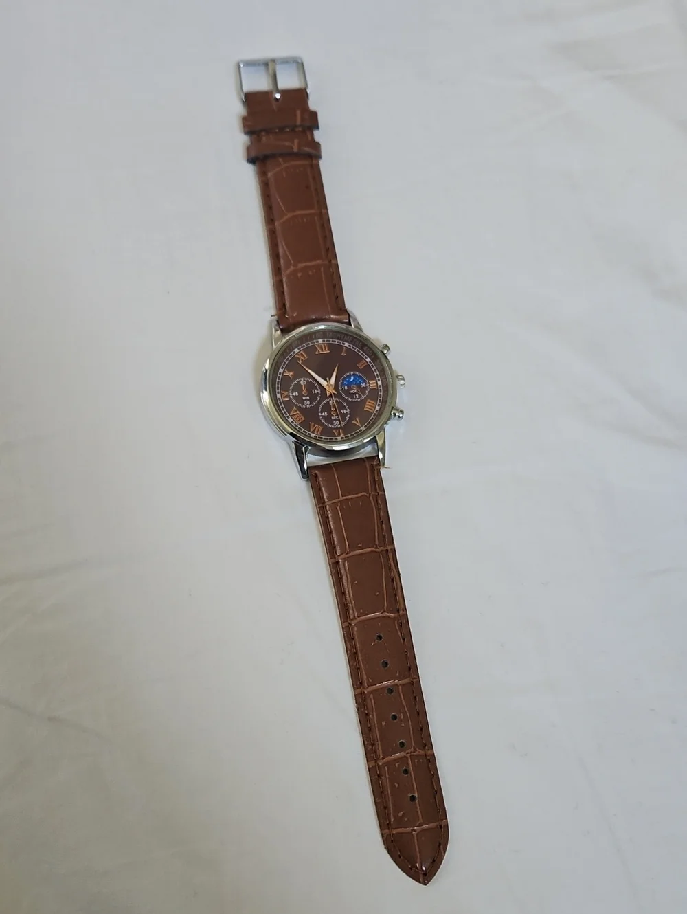 Brown Leather-Style Strap Chronograph Watch